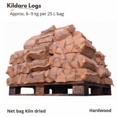 Pallet of kiln-dried hardwood net bags; approximately 8–9 kg per 25 L bag