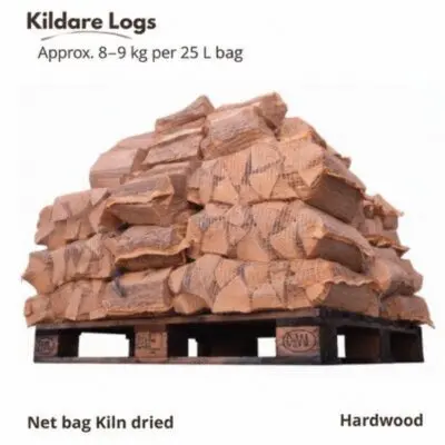 Pallet of kiln-dried hardwood net bags; approximately 8–9 kg per 25 L bag