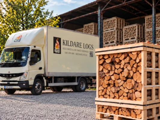 Kildare Logs delivery vehicle beside a stacked firewood crate